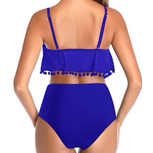 Vibrant Blue High-Waisted Bikini with Fringe Detail. <<<<104>>>>> - Picture 2 of 6